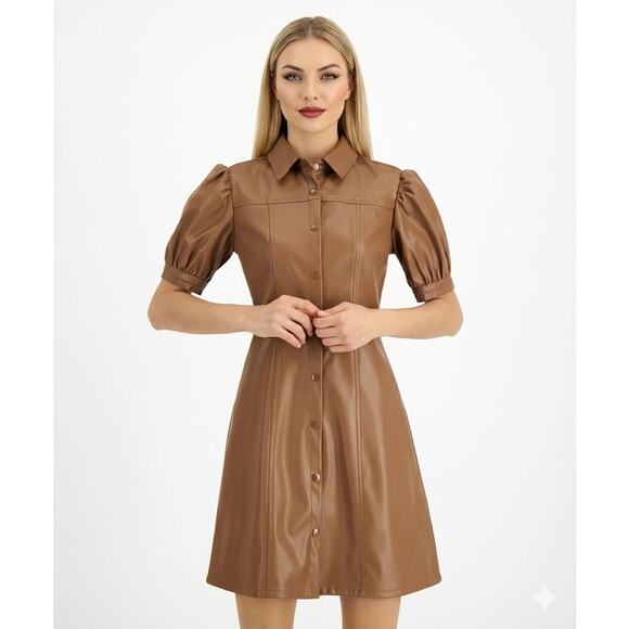 Kit & Sky Dresses & Skirts - Kit & Sky Womens Faux Leather Puff Sleeves Mini Shirtdress Juniors